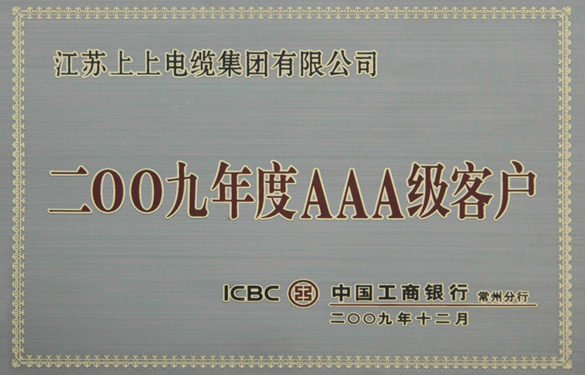 尊龙凯时荣获“中国工商银行2009年度AAA级客户”称呼